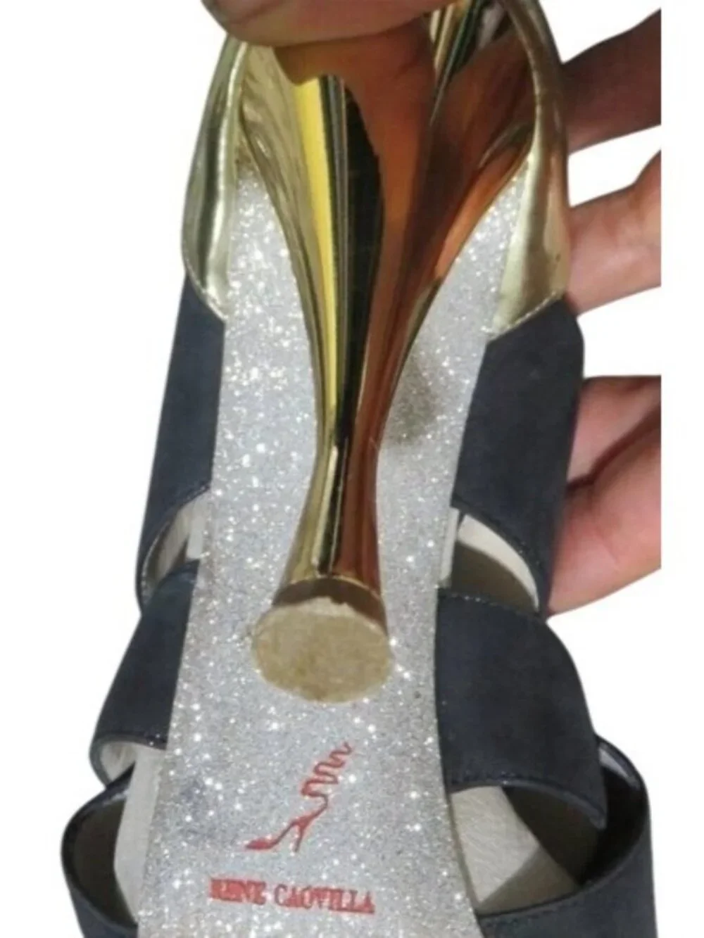 Rene Caovilla  Stunning Black Gold Shimmer Italian Leather luxury peep toe heels